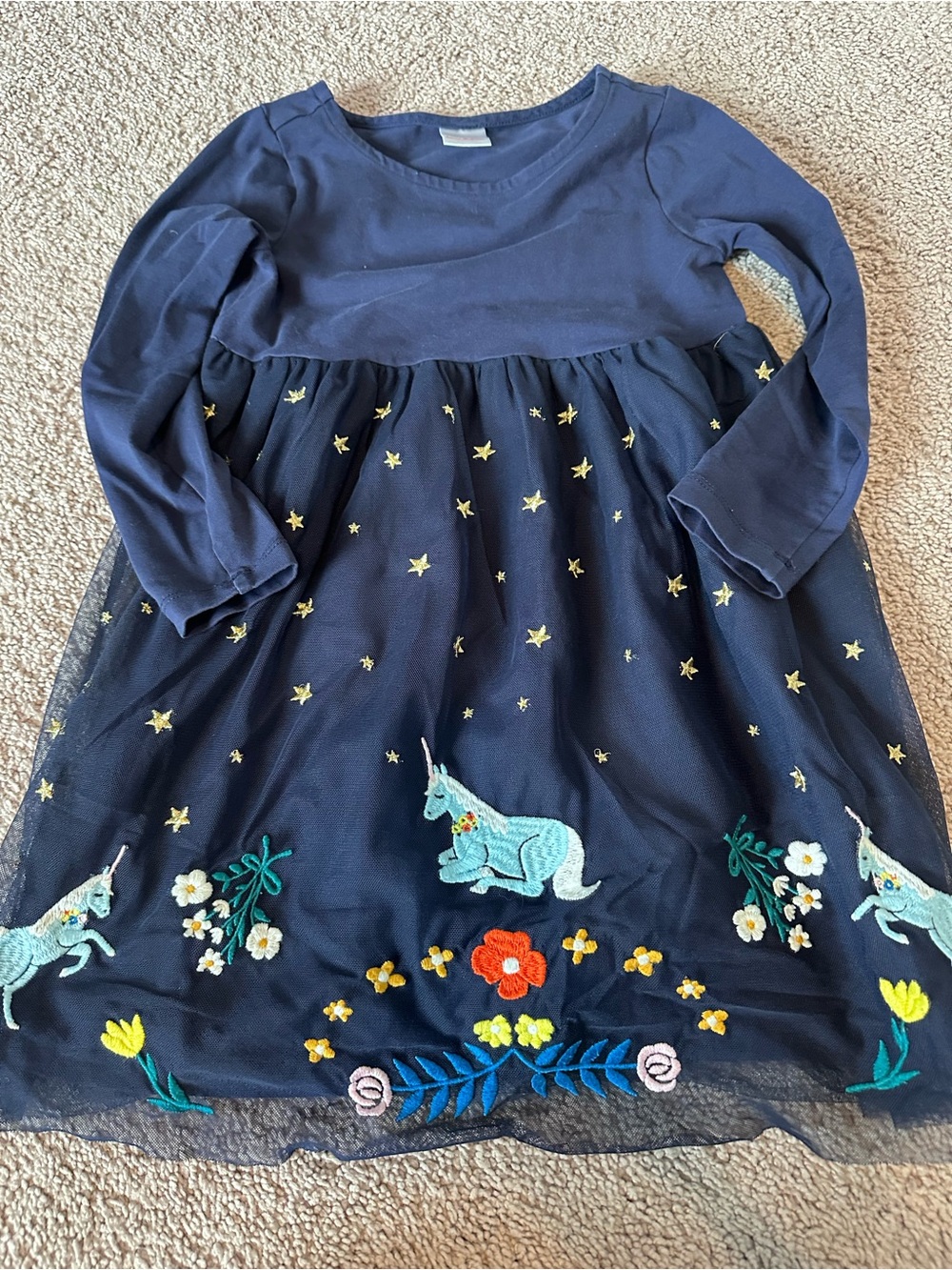 Hanna Andersson Navy Long-Sleeve Unicorn Embroidered Tulle Dress